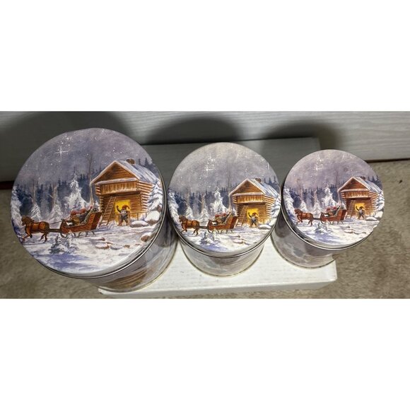 Winter Scene Decorative Nesting Tins With Lids Elfs Sleigh Cabin Set Of 3 - Picture 7 of 15